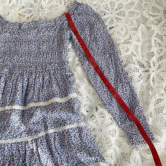 Japna Cottagecore Long-Sleeve Floral Smocked Dress Blue & White - XS - Picture 10 of 11